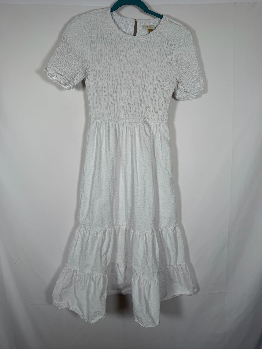 DownEast 100% Cotton Cottage Boho White Smocked Tiered Maxi Dress